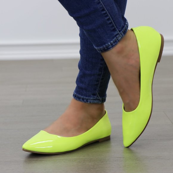 Neon Yellow Close Pointy Toe Slip Flat Shoes - Picture 3 of 8